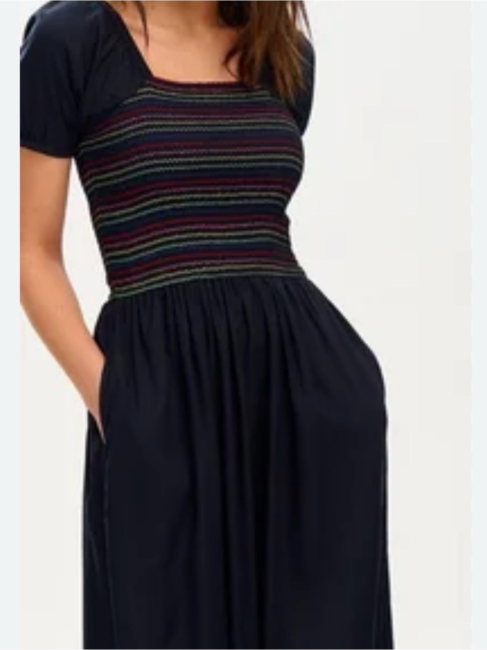 Sugarhill Brighton Black Midi Ruffle dress with Multicolor Smocked Waist